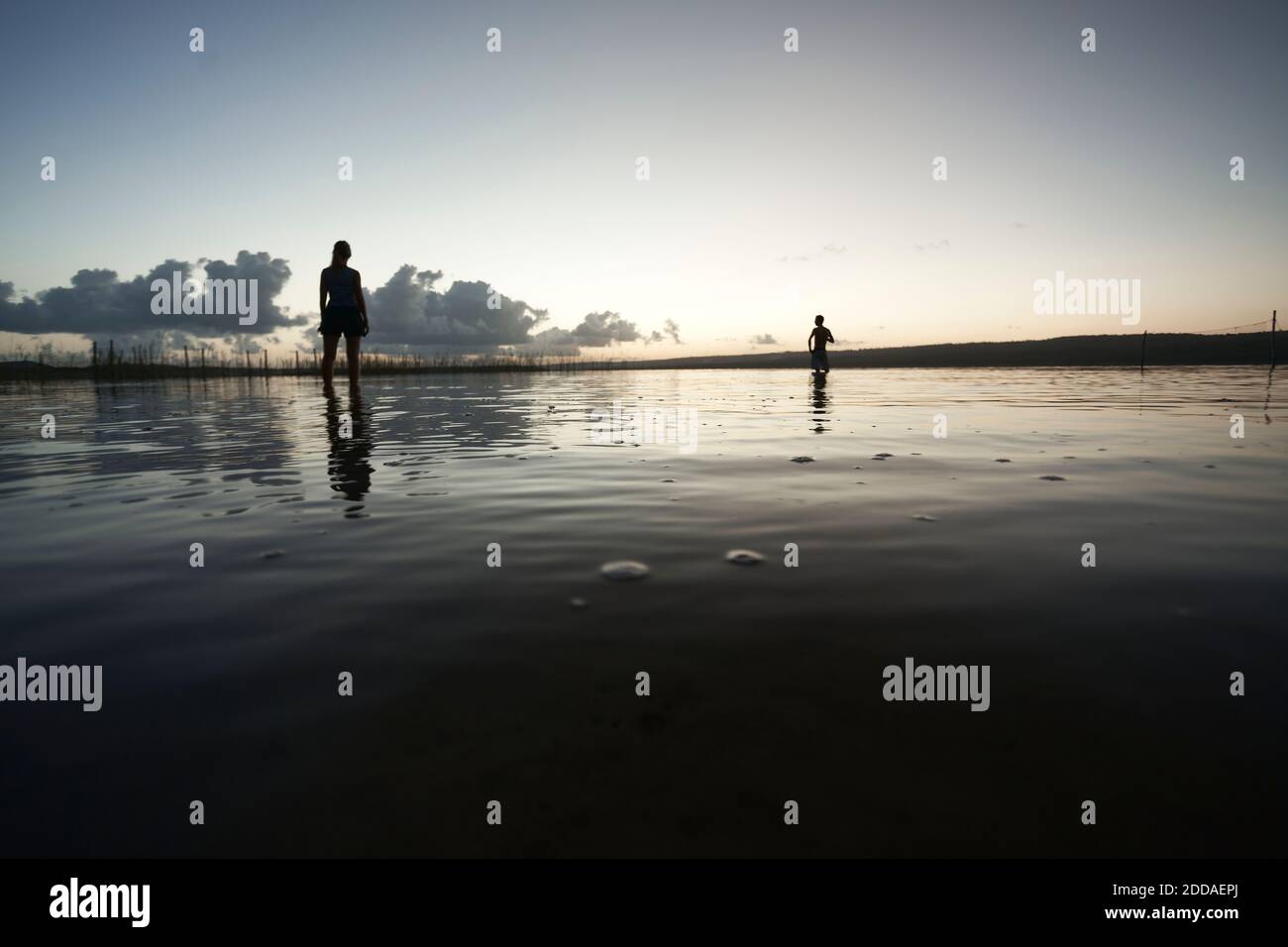 Silueta de los turistas en la playa con reflexión en el agua contra el cielo durante la puesta de sol Foto de stock