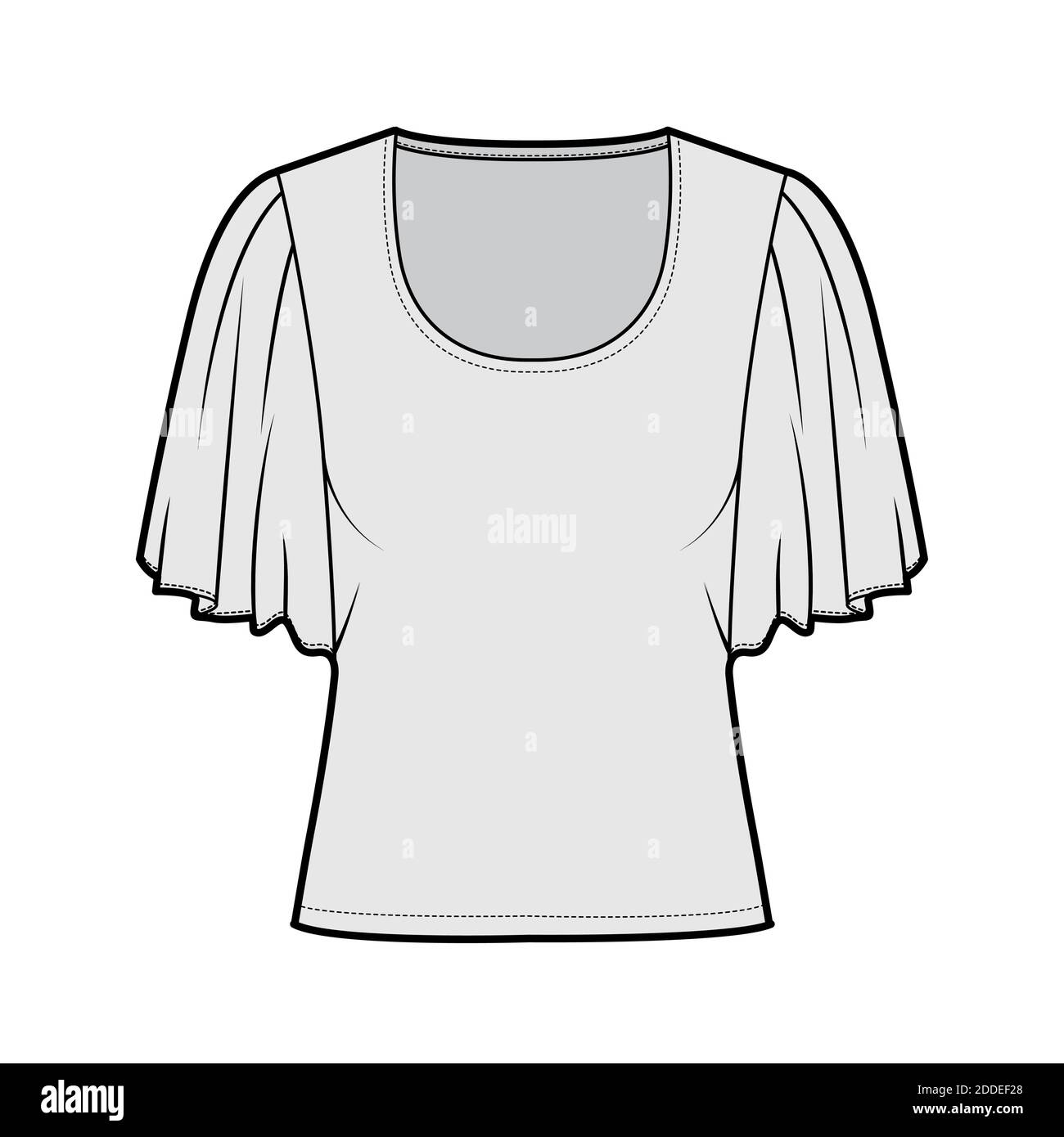 Top con mangas circulares en codo ilustración técnica de moda con ajuste  relajado, bajo la cintura, cuello redondo. Ropa plana blusa plantilla  frontal, color gris. Mujer hombres unisex camisa CAD mascup Imagen