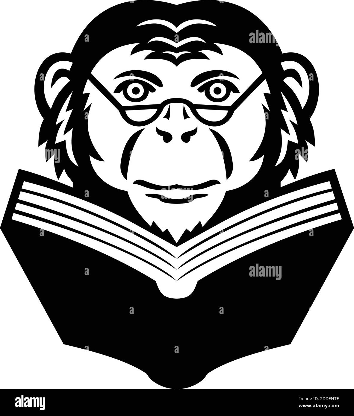 Mascota ilustración de la cabeza de un noble chimpancé, chimpa, mono, primate o mono usando gafas leyendo un libro visto desde el frente en un grupo de atrás aislado Ilustración del Vector