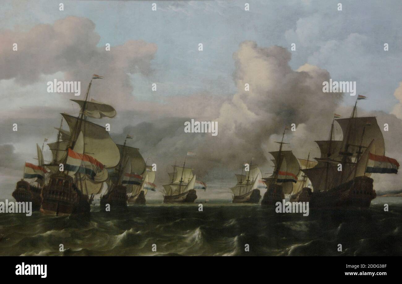 Ludolf Backhuysen (1631-1708). El regreso de la flota de la Compañía Holandesa de la India Oriental, 1677. Óleo sobre lienzo (170x 286 cm). Detalle. Museo del Louvre. París. Francia. Foto de stock