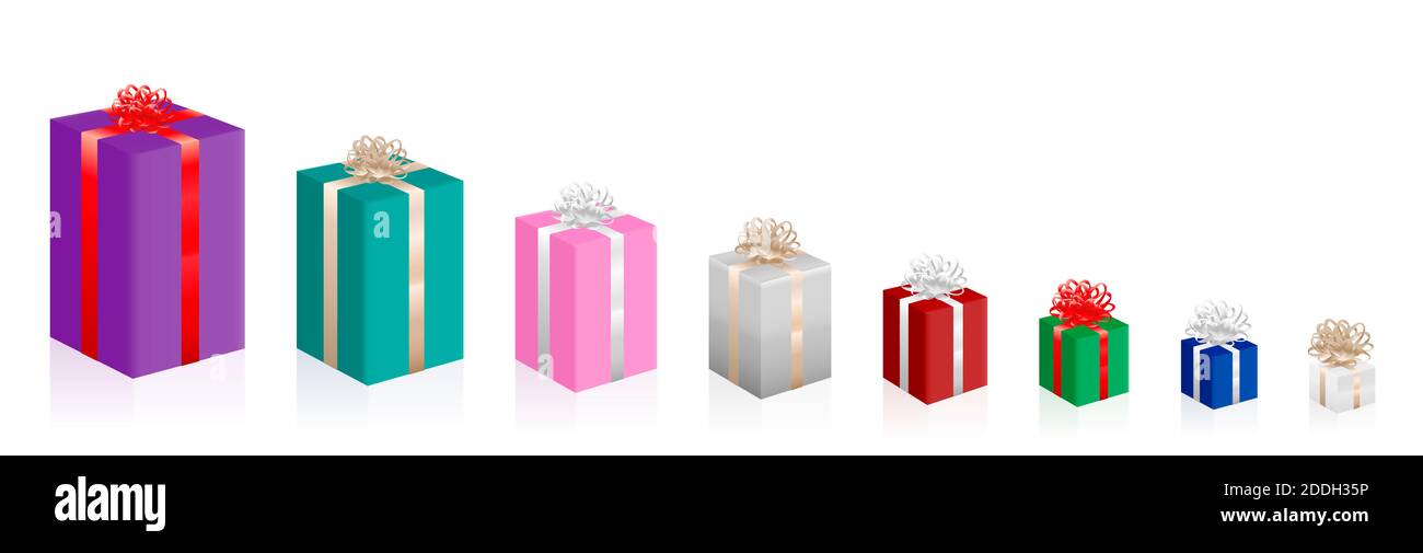 Paquetes de Navidad cada vez más pequeños, colorido conjunto de grandes y pequeños paquetes de regalo, regalos, diferentes tamaños - ilustración en blanco. Foto de stock