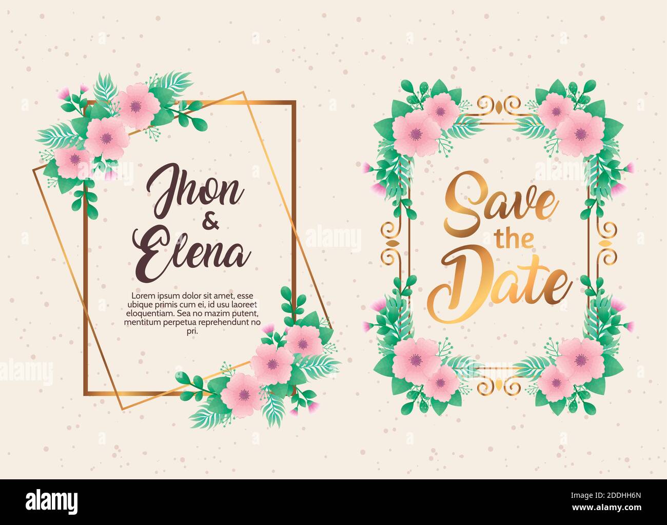 invitaciones de boda con flores rosadas y marcos dorados Imagen Vector de  stock - Alamy