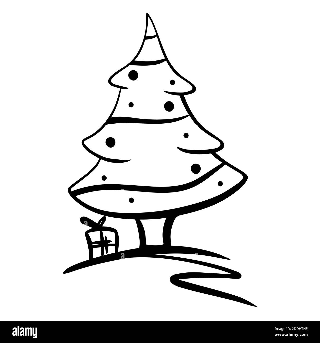Árbol de Navidad icono, vector simple diseño. Símbolo negro de la línea del árbol de Navidad con regalos aislados sobre fondo blanco Foto de stock