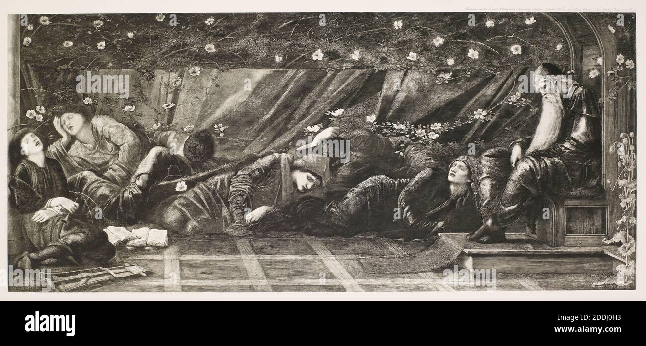 The Briar Rose Series, The Council Chamber (II),1900 After: Sir Edward Burne-Jones (d.1898) Editor: Berlin Photographic Company, Sleeping, 19th Century, Print, Black and White, Photographic print, Photographure, Knight, Men, Royal, King Foto de stock