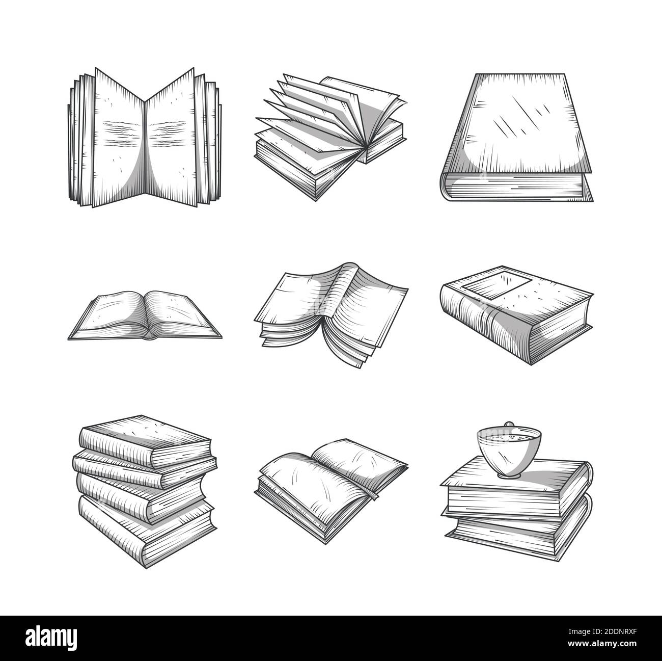 establecer iconos diferentes libros de portada abierta literatura tema  vector ilustración estilo de grabado Imagen Vector de stock - Alamy