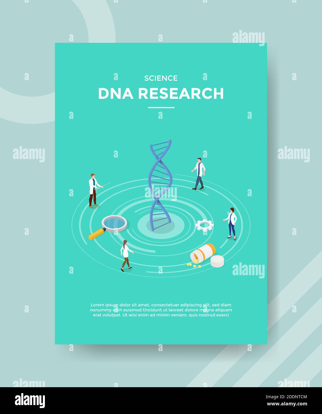 ciencia investigación de adn gente científica de pie alrededor de la droga del genoma espiral lupe para el folleto de la plantilla y la impresión de la portada de los libros estilo moderno y plano Ilustración del Vector