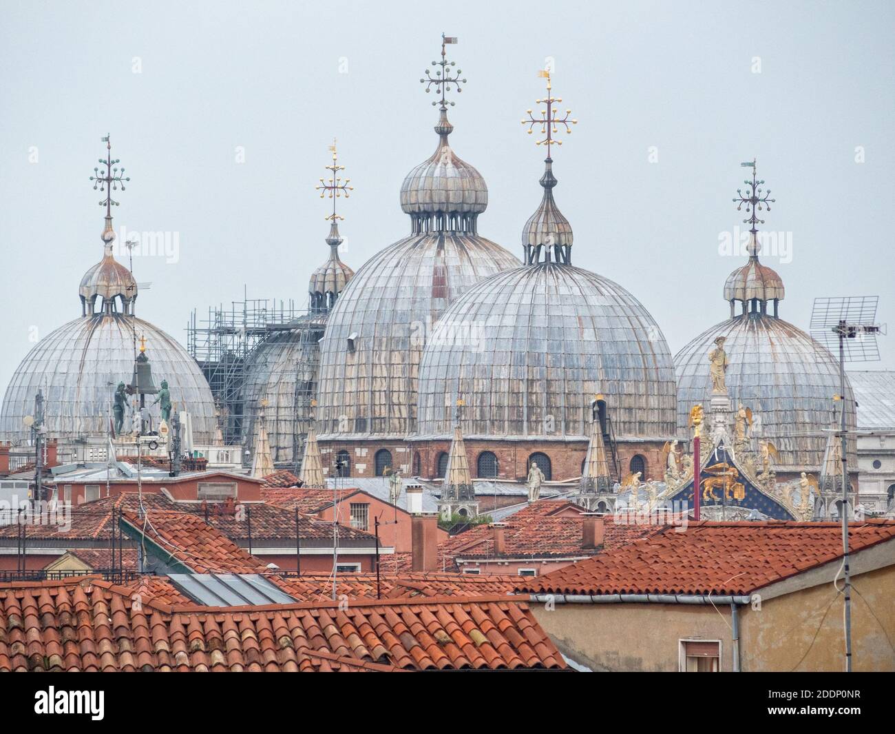 Las cinco cúpulas de la Basílica de San Marcos (Basilica di San Marco) sobre los tejados - Venecia, Veneto, Italia Foto de stock