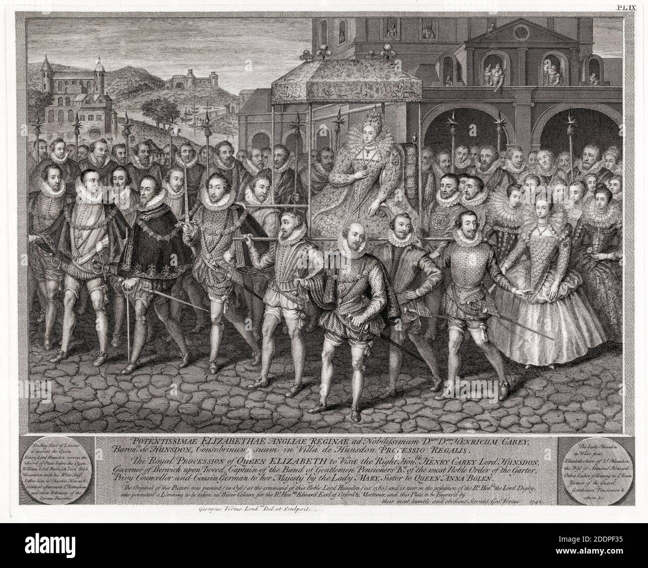 Procesión de la Reina Isabel I de Inglaterra (1533-1603) y su Corte, grabado por George Vertue, 1742 Foto de stock