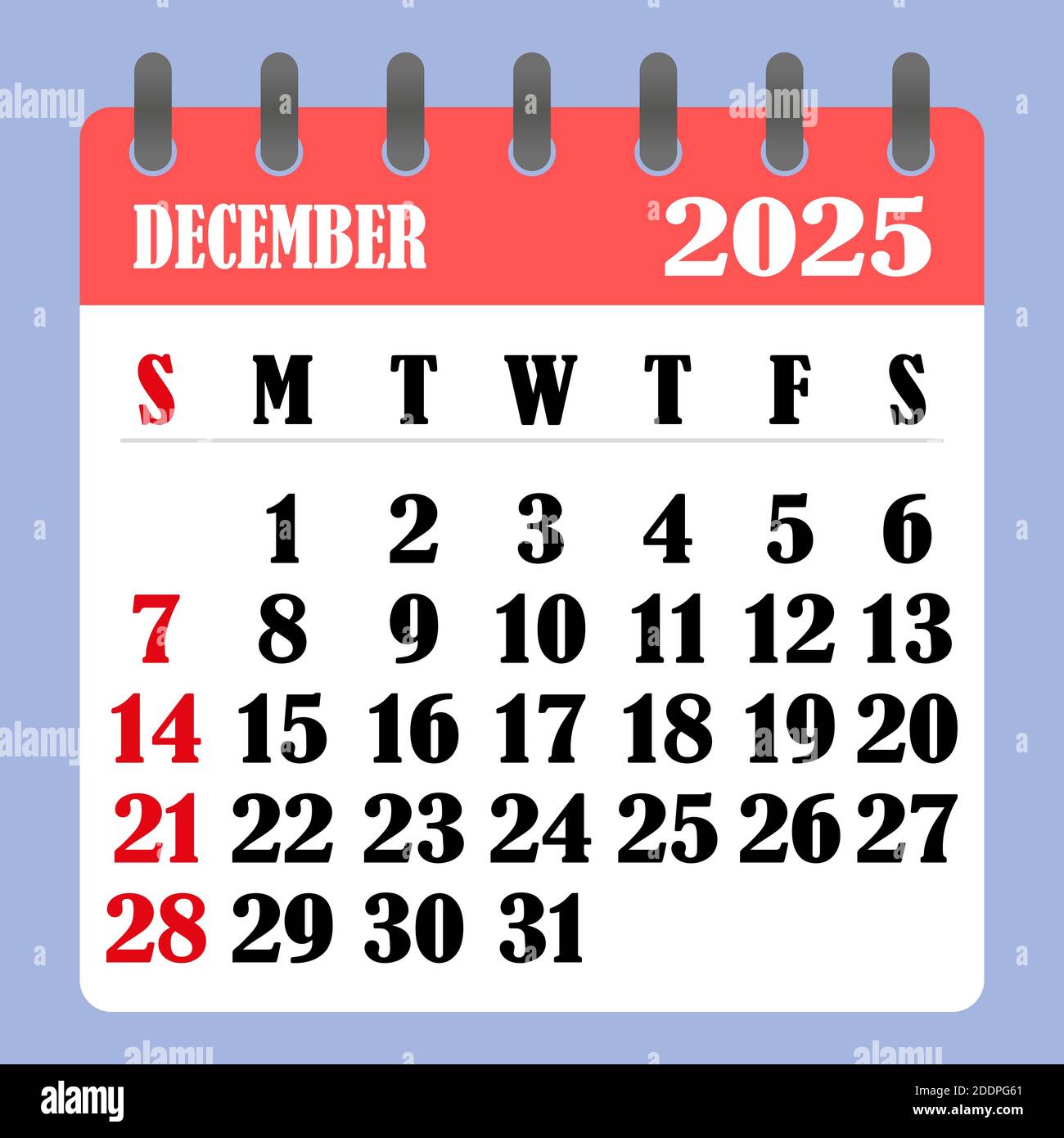 Calendario de cartas para diciembre de 2025. La semana comienza el