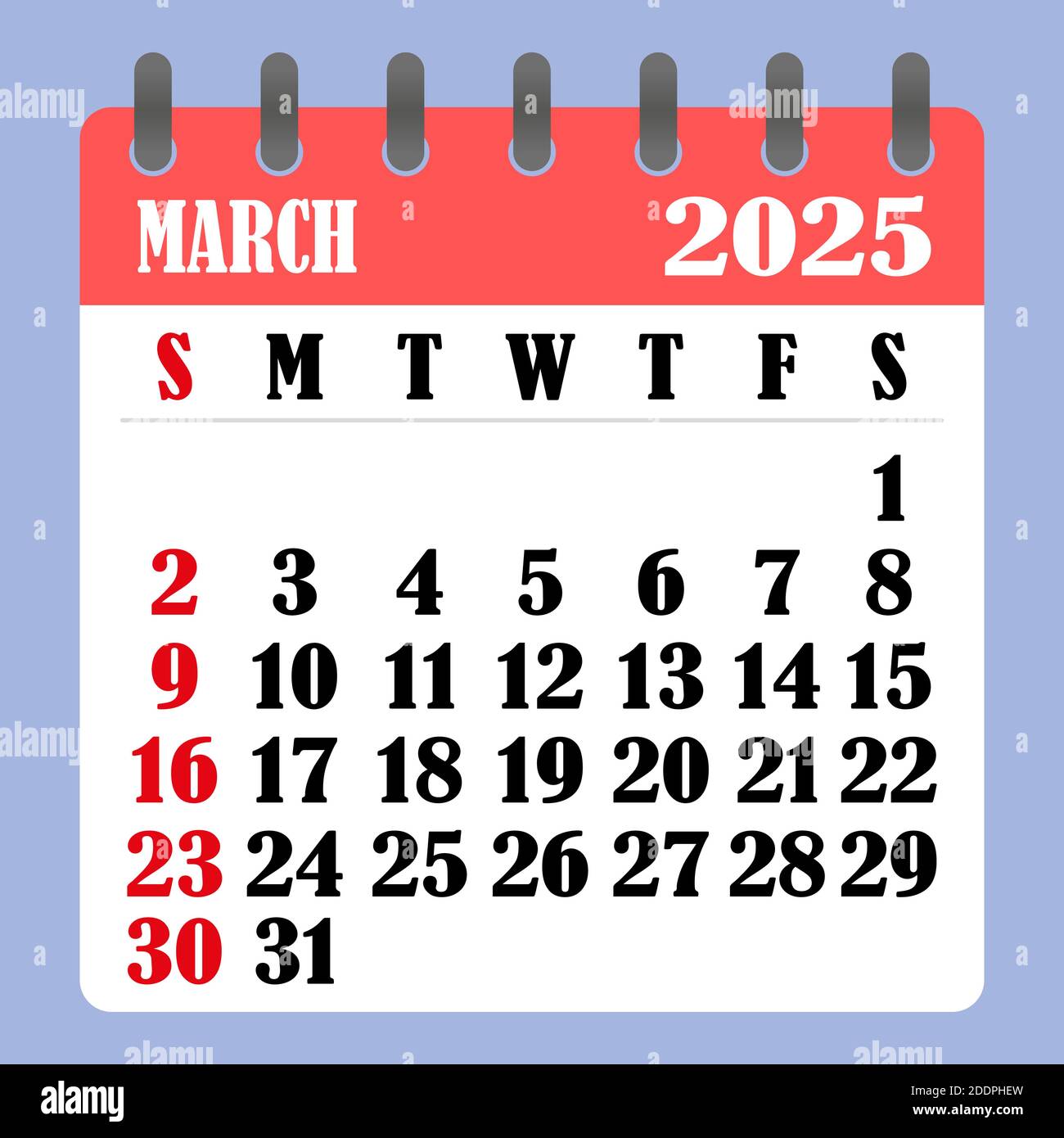 Calendario de cartas para marzo de 2025. La semana comienza el domingo. Concepto de tiempo