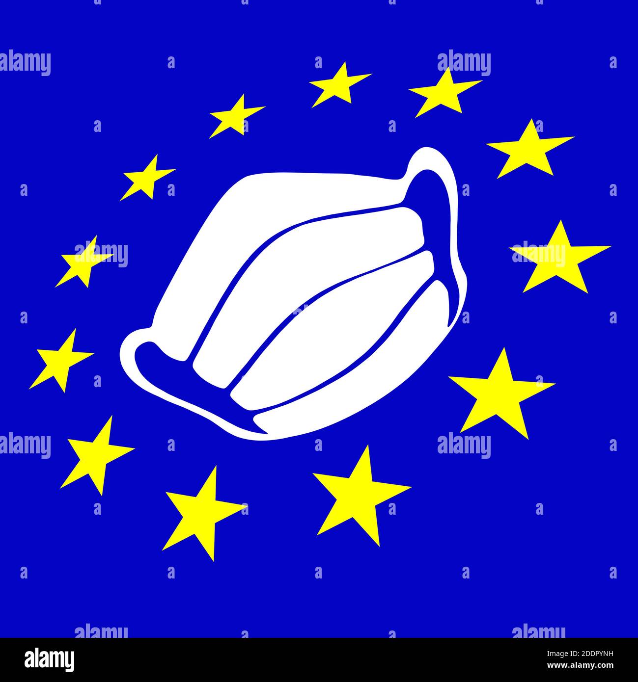 Máscara blanca contra fondo azul y bandera de la UE Foto de stock