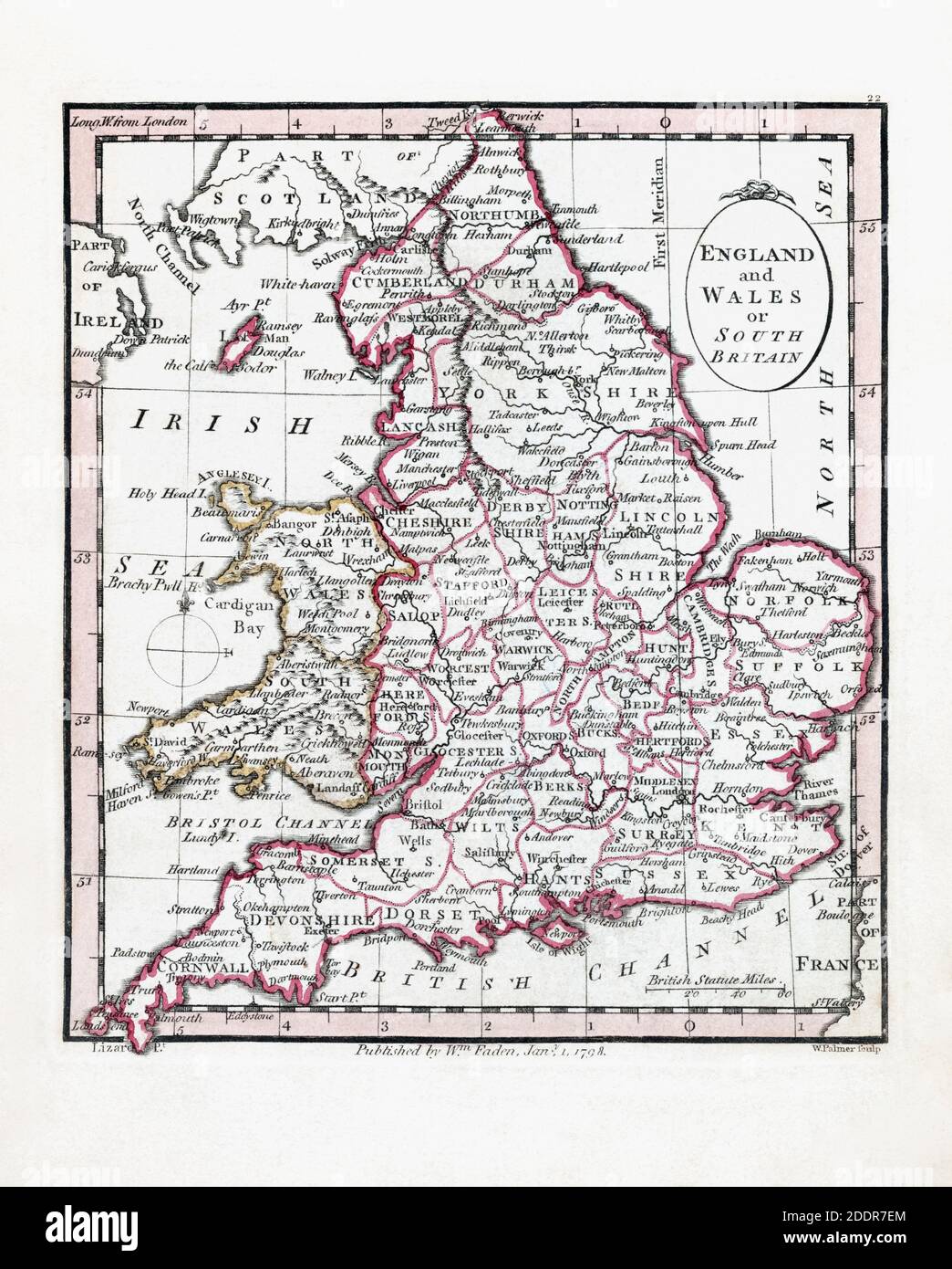 Inglaterra y Gales a finales del siglo 18. Después de un mapa del cartógrafo y editor William Faden, grabado por William Palmer. Foto de stock