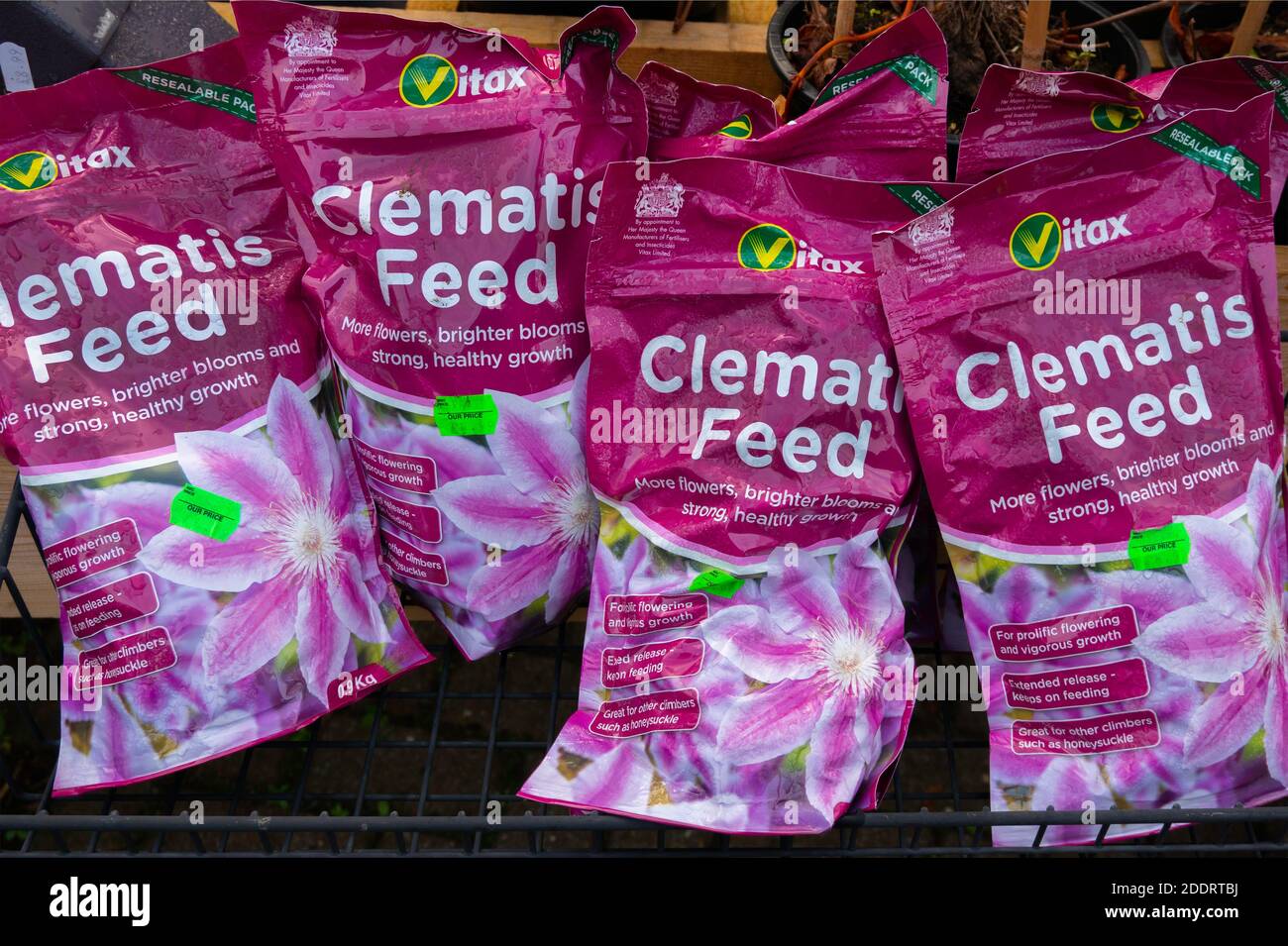 Vitax Marca Clematis alimentación que ofrece más flores flores más brillantes y floraciones fuerte crecimiento saludable Foto de stock