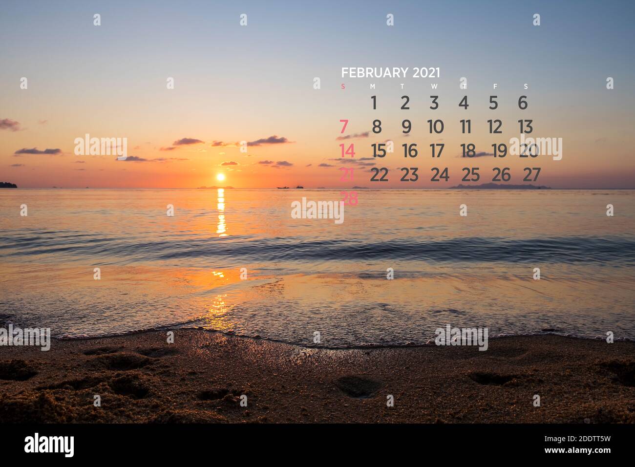 Calendario Febrero 2021. Mar, océano, playa, tropical, tema de la naturaleza. A2. 60 x 40 cm. 15.75 x 23.62 pulgadas Foto de stock