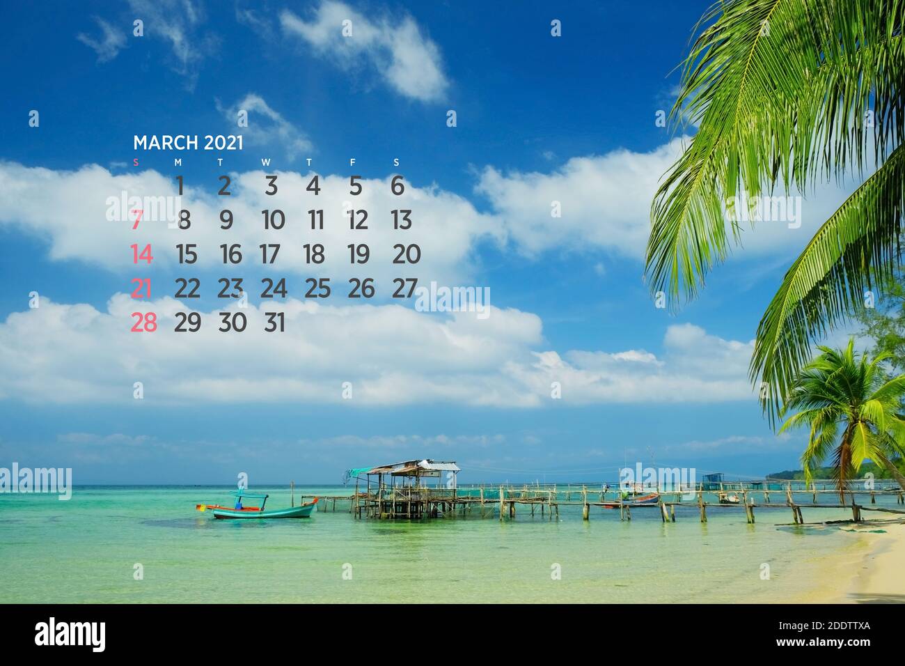 Calendario Marzo 2021. Mar, océano, playa, tropical, tema de la naturaleza. A2. 60 x 40 cm. 15.75 x 23.62 pulgadas Foto de stock