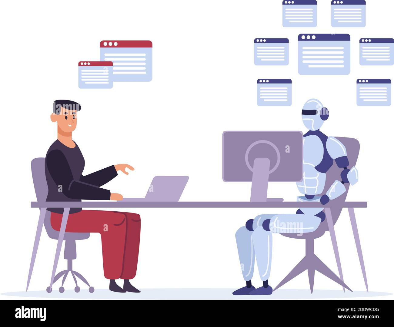 Robot versus humano en el trabajo. Multitarea inteligencia artificial  haciendo tareas en el ordenador. AI competir con el hombre Imagen Vector de  stock - Alamy