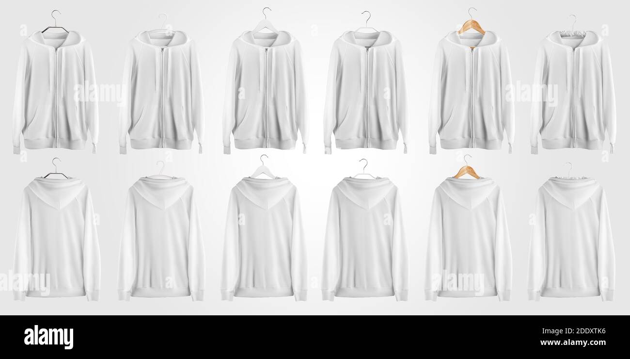 Sudadera con capucha blanca con cremallera y corbatas, ropa sin texto para  la presentación del diseño, estampado, vista frontal y trasera. Plantilla  de sudadera deportiva con capucha colgada Fotografía de stock -