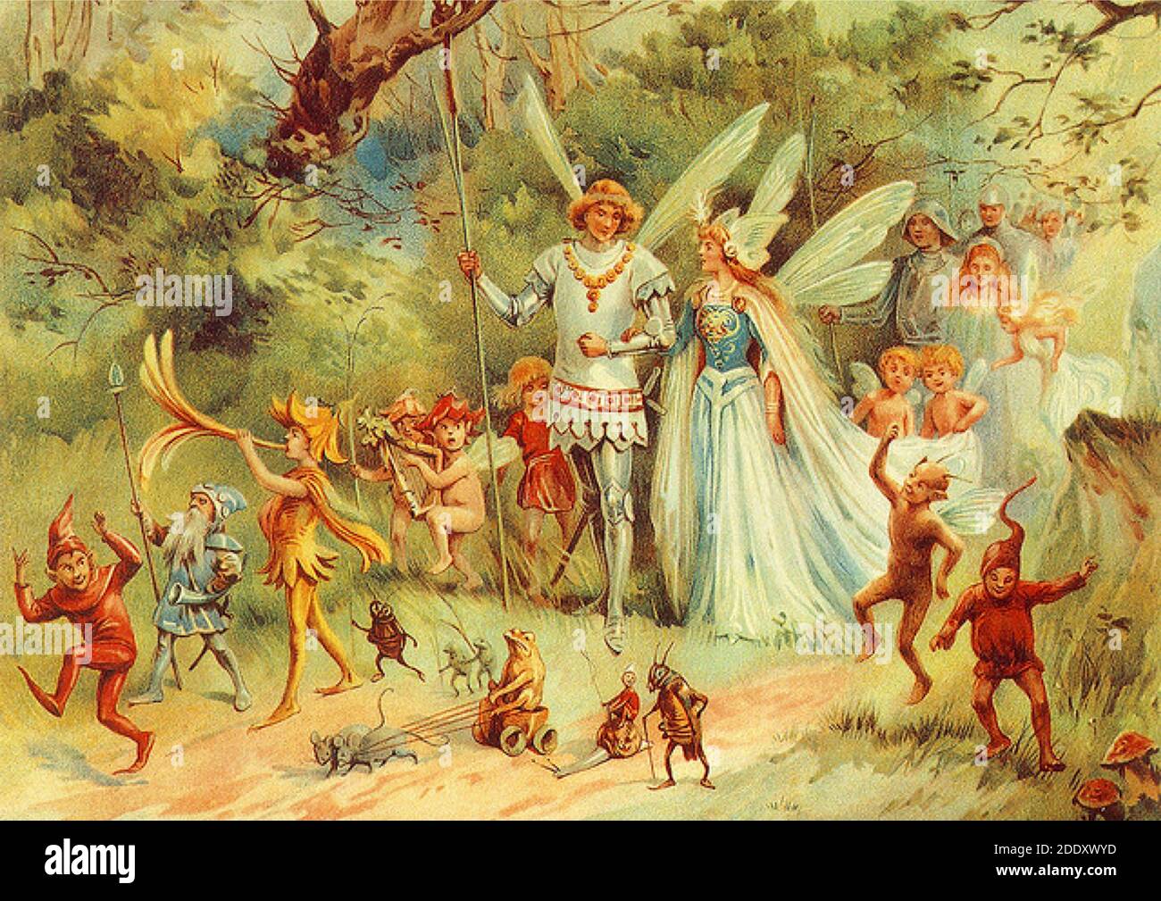 El rey de hadas y la reina caminan por el bosque acompañado por su entorno de criaturas del bosque. Una pintura de hadas de artista desconocido. Foto de stock