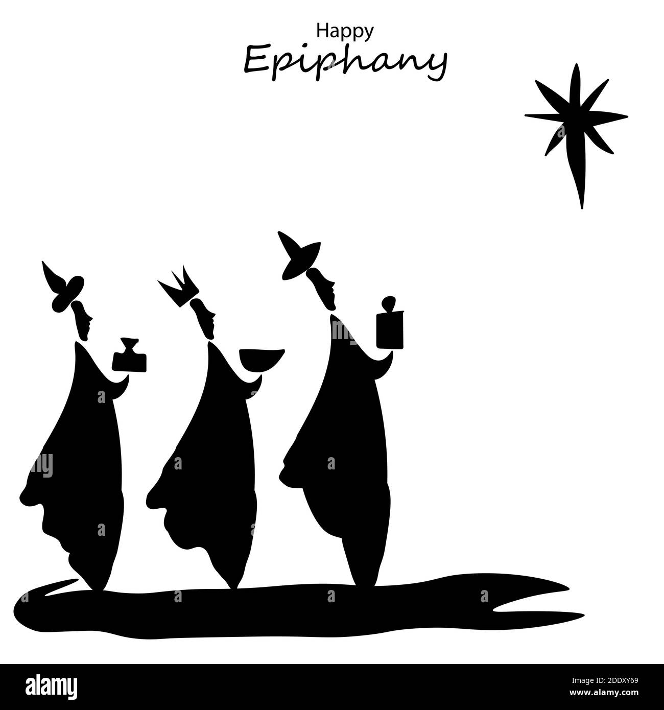 Ilustración vectorial de Epifanía, un festival cristiano. Jesucristo poco después de nacer. Resumen 3 reyes mirando la estrella en el fondo oscuro de la noche Ilustración del Vector