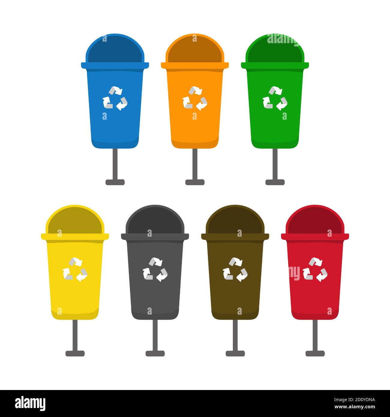 Conjunto de cubos de basura para reciclar diferentes tipos de residuos.  clasificación y reciclaje de residuos, ilustración vectorial