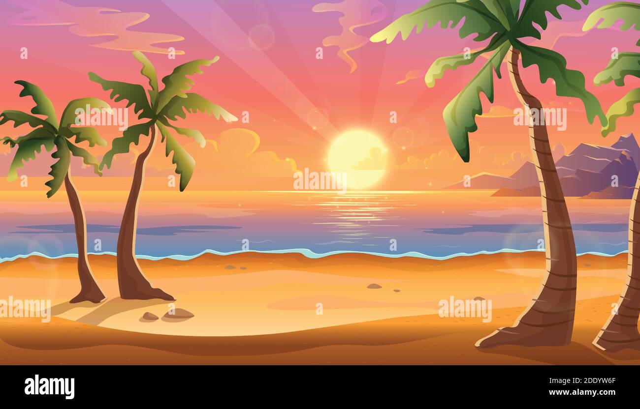 Dibujo de dibujos animados vectoriales del paisaje oceánico al atardecer o  al amanecer con un hermoso cielo rosa y reflejo del sol sobre el agua.  Hermosa naturaleza con p Imagen Vector de