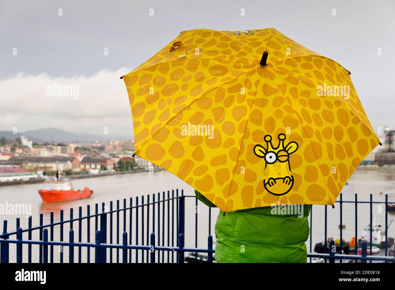 Niño de detrás observa el estuario en la lluvia, su paraguas tiene un dibujo de jirafa Foto de stock