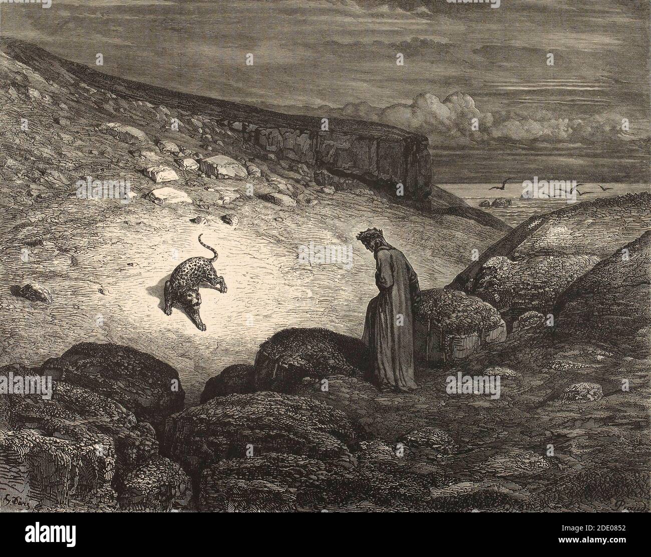 Dante Divina Commedia - Infierno - Dante y el lomo - ilustración de Gustave Dorè Foto de stock
