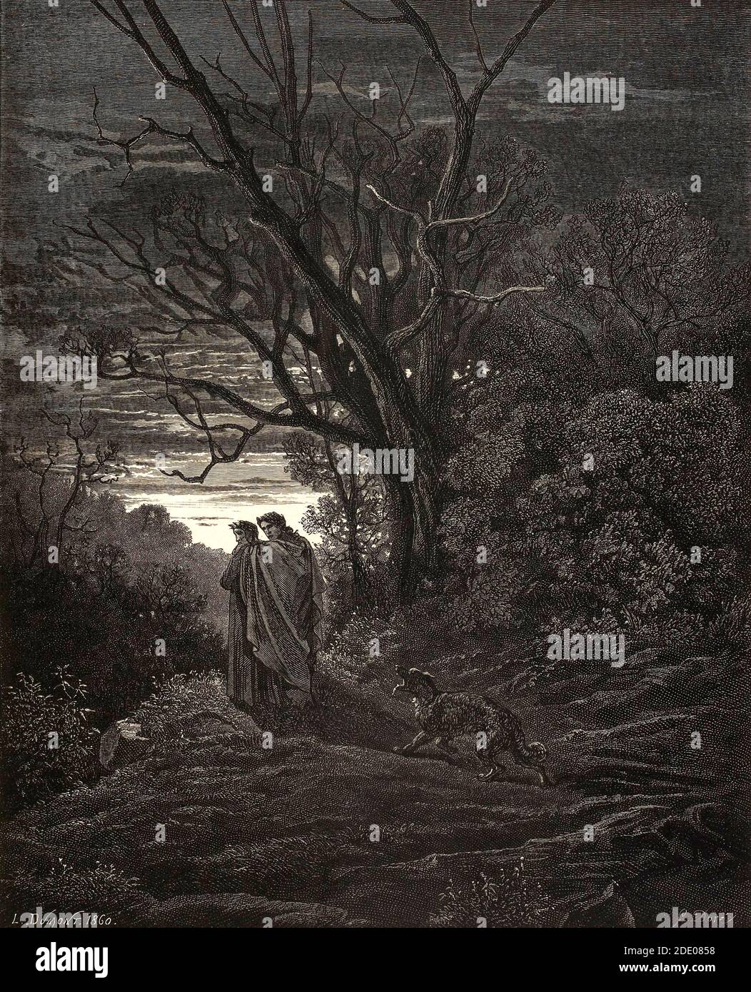 Dante Divina Commedia - Infierno - Dante y Virgilio se encuentran La ella-lobo - ilustración de Gustave Dorè Foto de stock