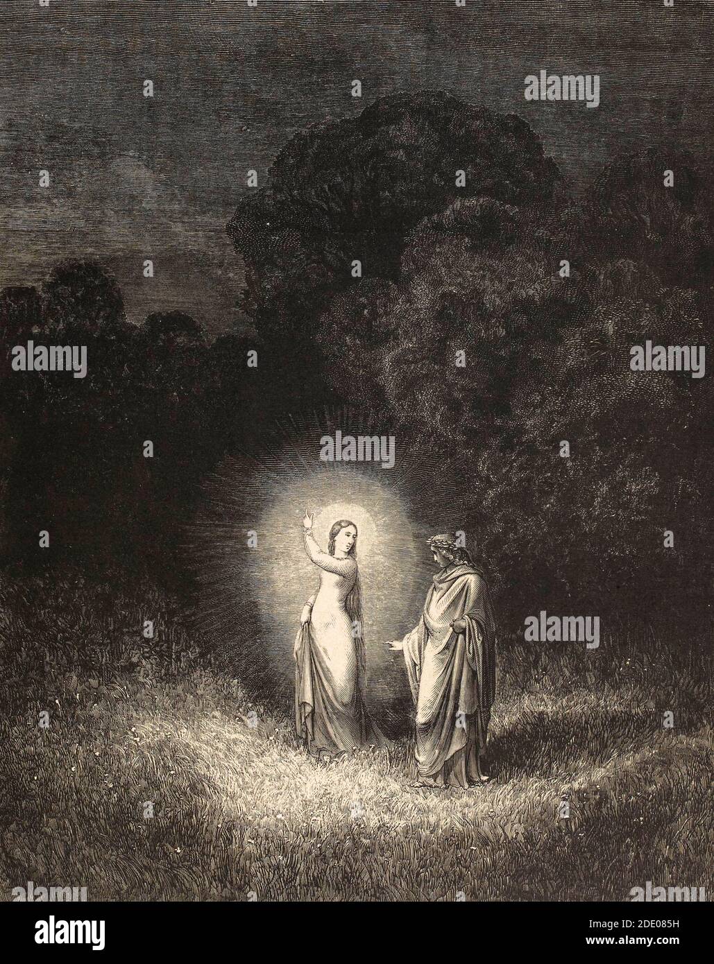 Dante Divina Commedia - Infierno - Reunión de Dante con Beatrice- Ilustración de Gustave Dorè Foto de stock