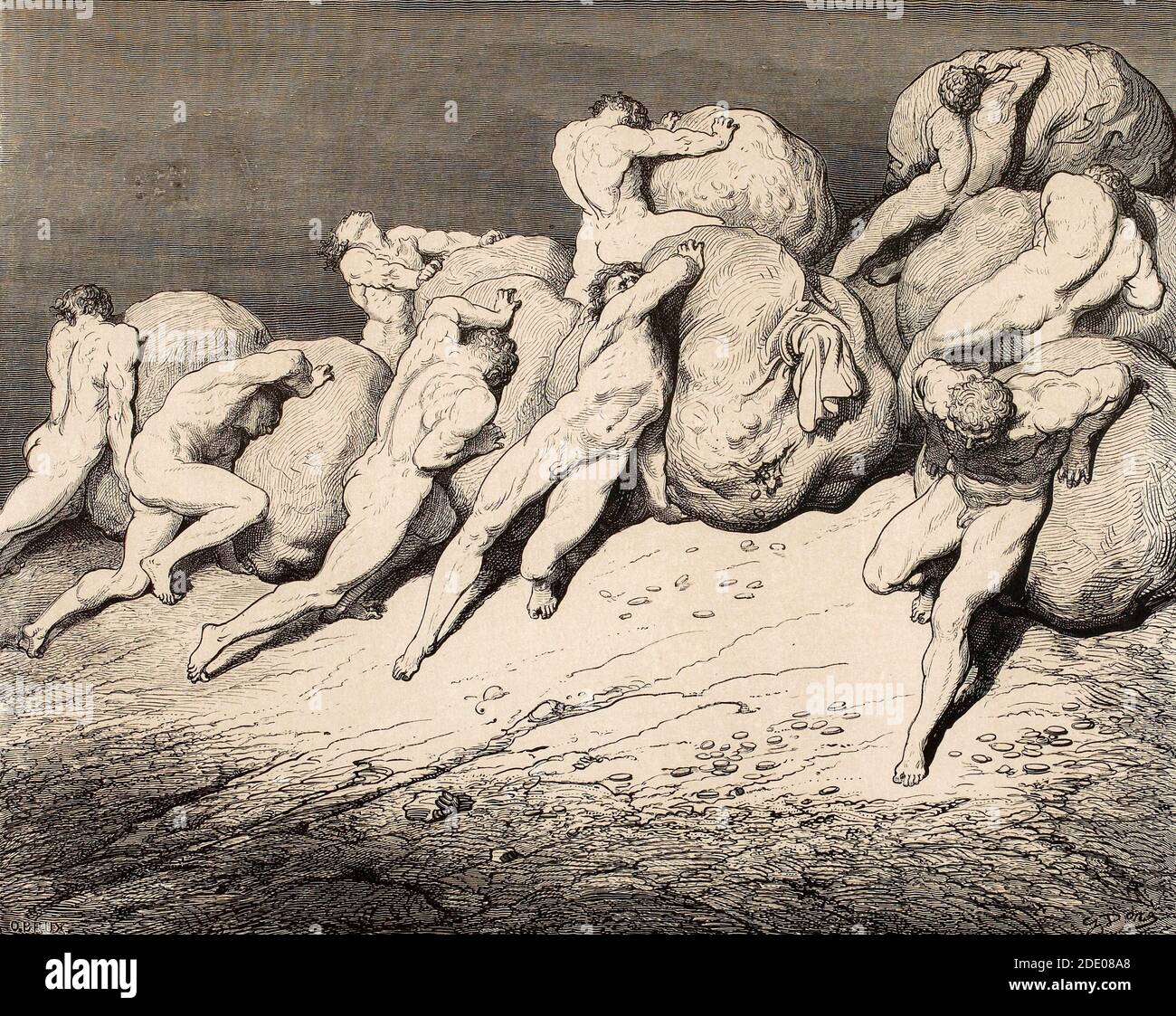 Dante Divina Commedia - Infierno - quinto círculo - el codicioso, pródigo - Canto VII - ilustración de Gustave Dorè Foto de stock