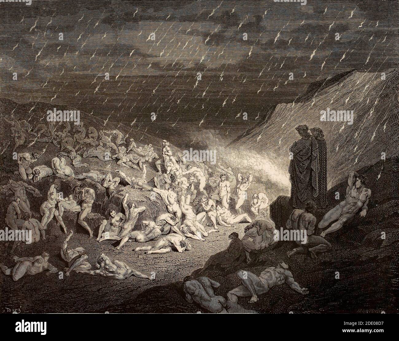 Dante Divina Commedia - Infierno - XIV Canto - el 'sand' De los violentos contra Dios y la naturaleza -VII Círculo - Ilustración de Gustave Dorè Foto de stock