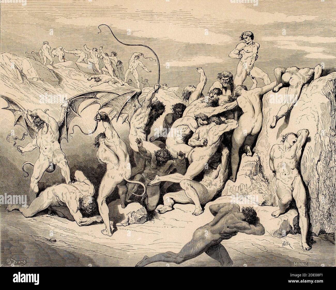 Dante Divina Commedia - Infierno - XVIII Canto - el Ruffians y los seductores - VIII Círculo - ilustración por Gustave Dorè Foto de stock