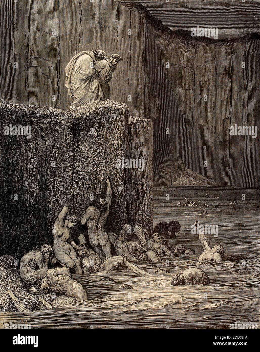 Dante Divina Commedia - Infierno - XVIII Canto - el Flatterers - VIII Círculo - ilustración de Gustave Dorè Foto de stock