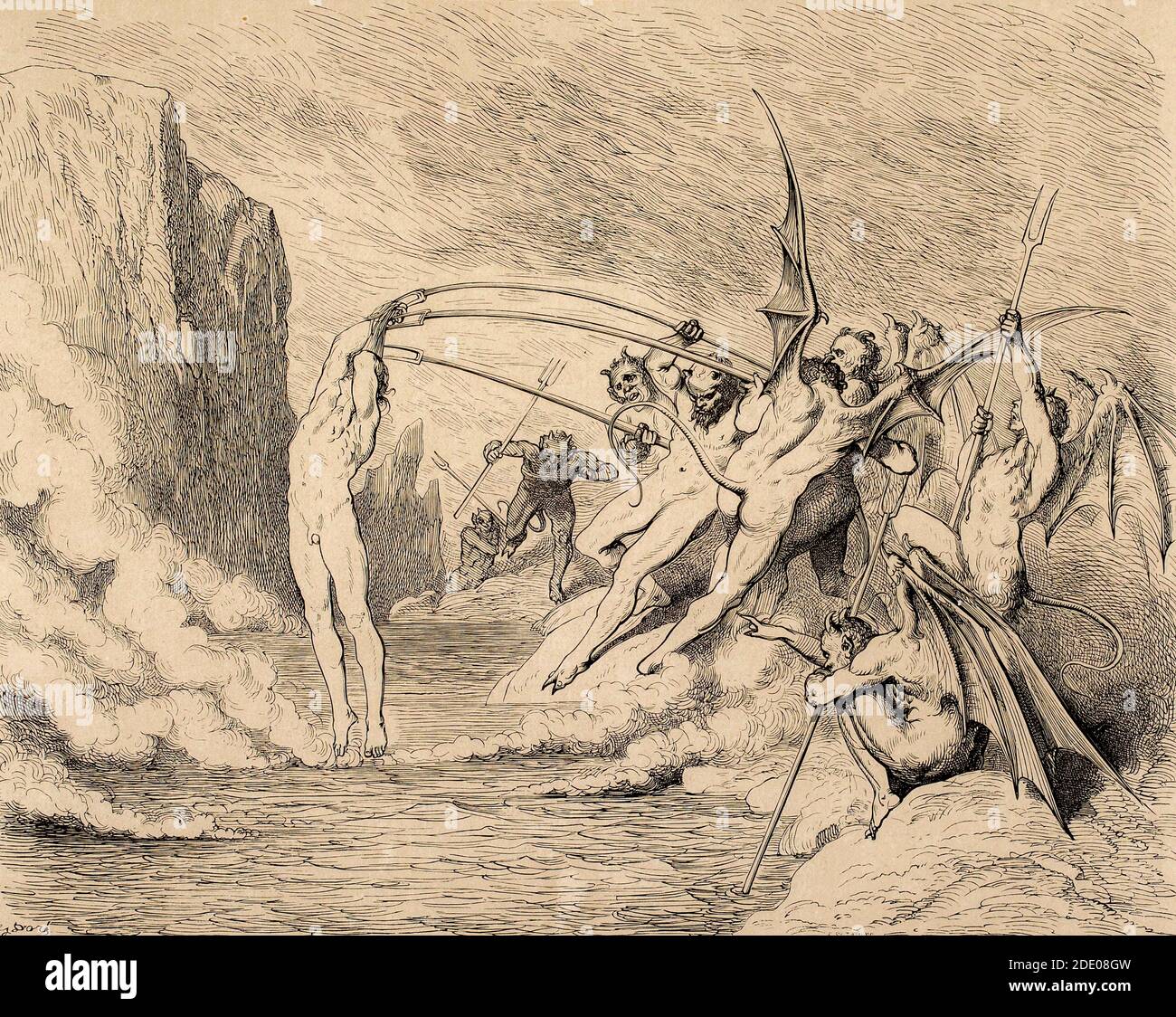 Dante Divina Commedia - Infierno - XXI Canto - el Malebranche - VIII Círculo - ilustración de Gustave Dorè Foto de stock