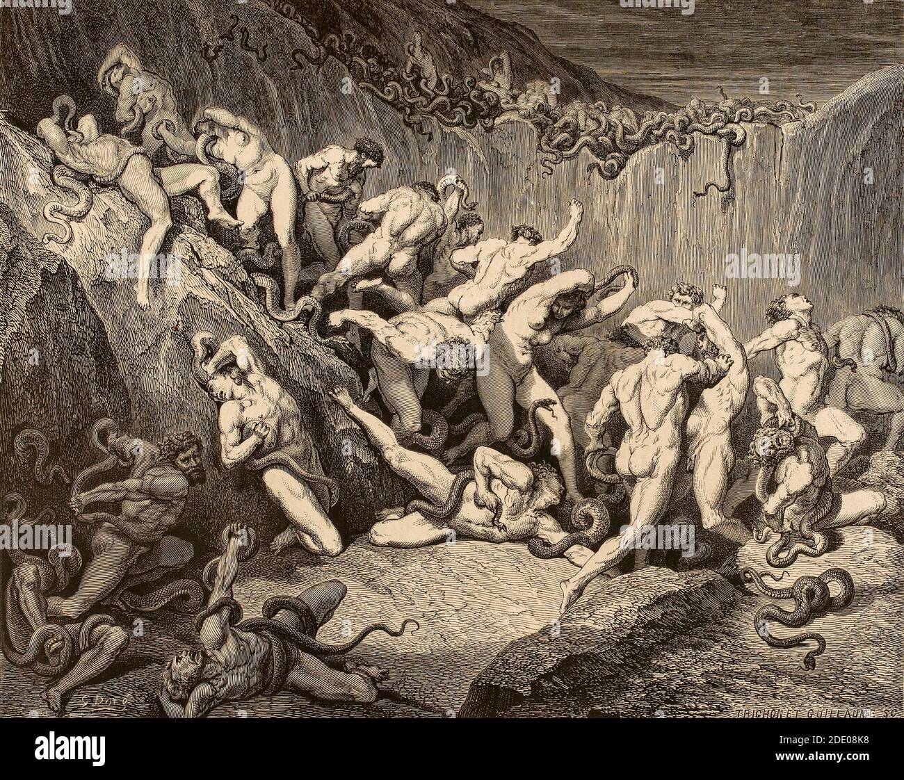 Dante Divina Commedia - Infierno - XXIV Canto - el bedlam de ladrones - VIII Círculo - ilustración de Gustave Doré Foto de stock