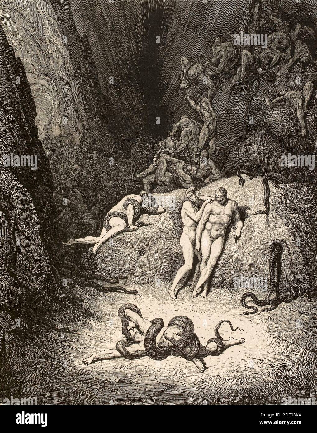 Dante Divina Commedia - Infierno - XXIV Canto - Metamorfosis De ladrones - VIII Círculo - ilustración de Gustave Dorè Foto de stock