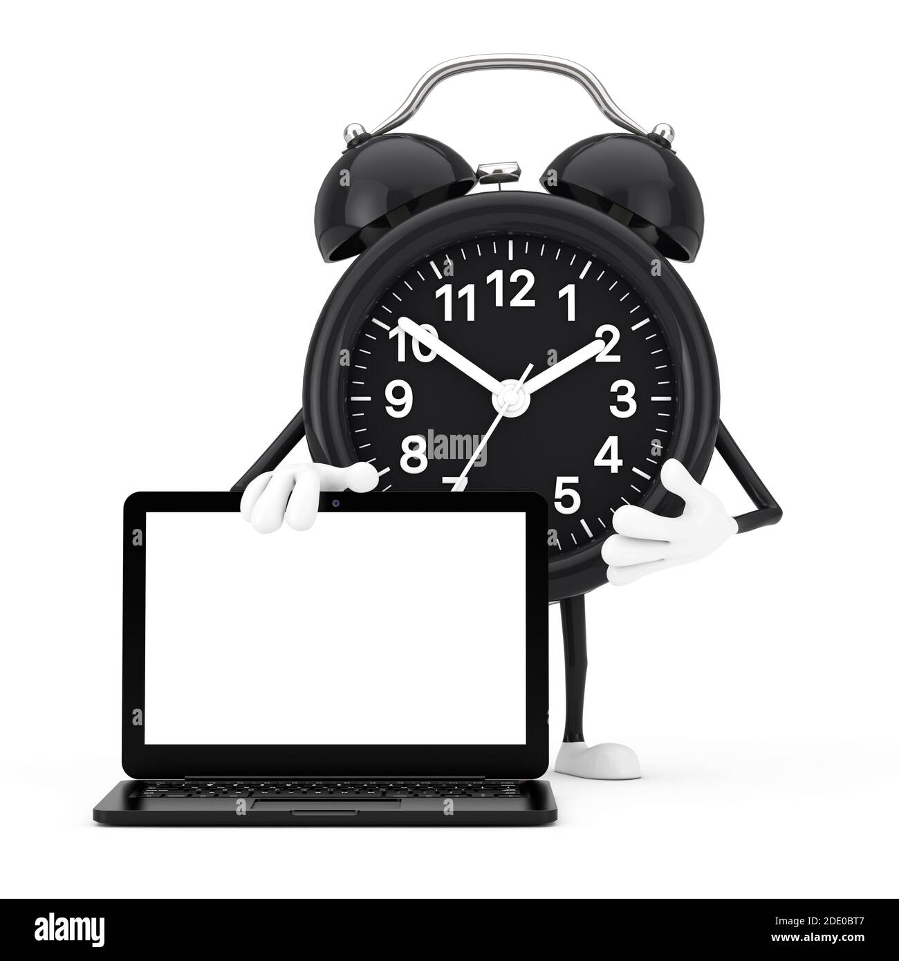 Reloj de alarma personaje mascota y moderno ordenador portátil con pantalla  en blanco para su diseño sobre un fondo blanco. Renderizado en 3d  Fotografía de stock - Alamy