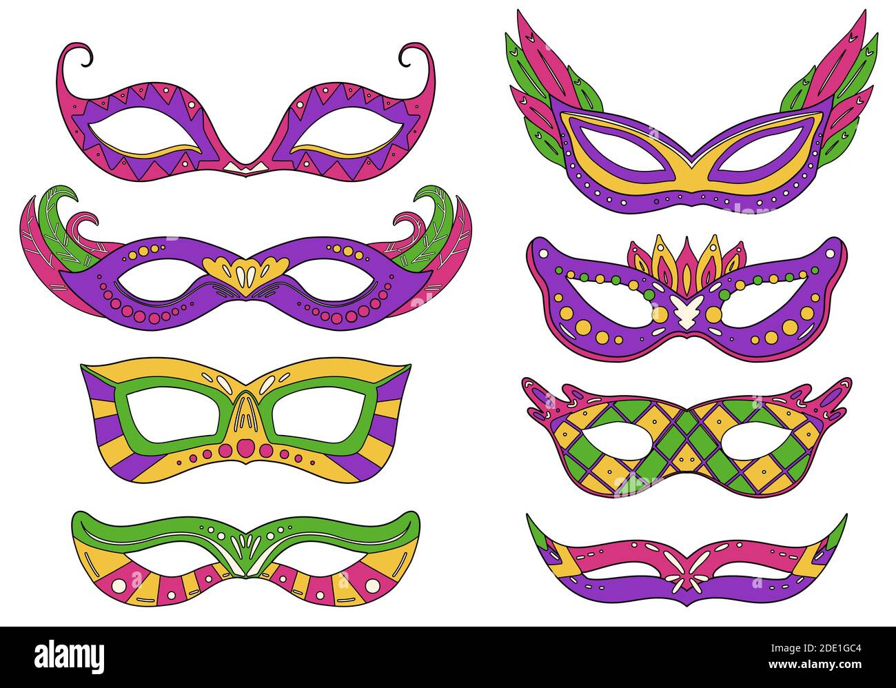 Conjunto de coloridas máscaras de carnaval con varias decoraciones. Objeto  de vacaciones de arte de línea plana. Festival de vestir para la cara.  Objeto vectorial separado Imagen Vector de stock - Alamy