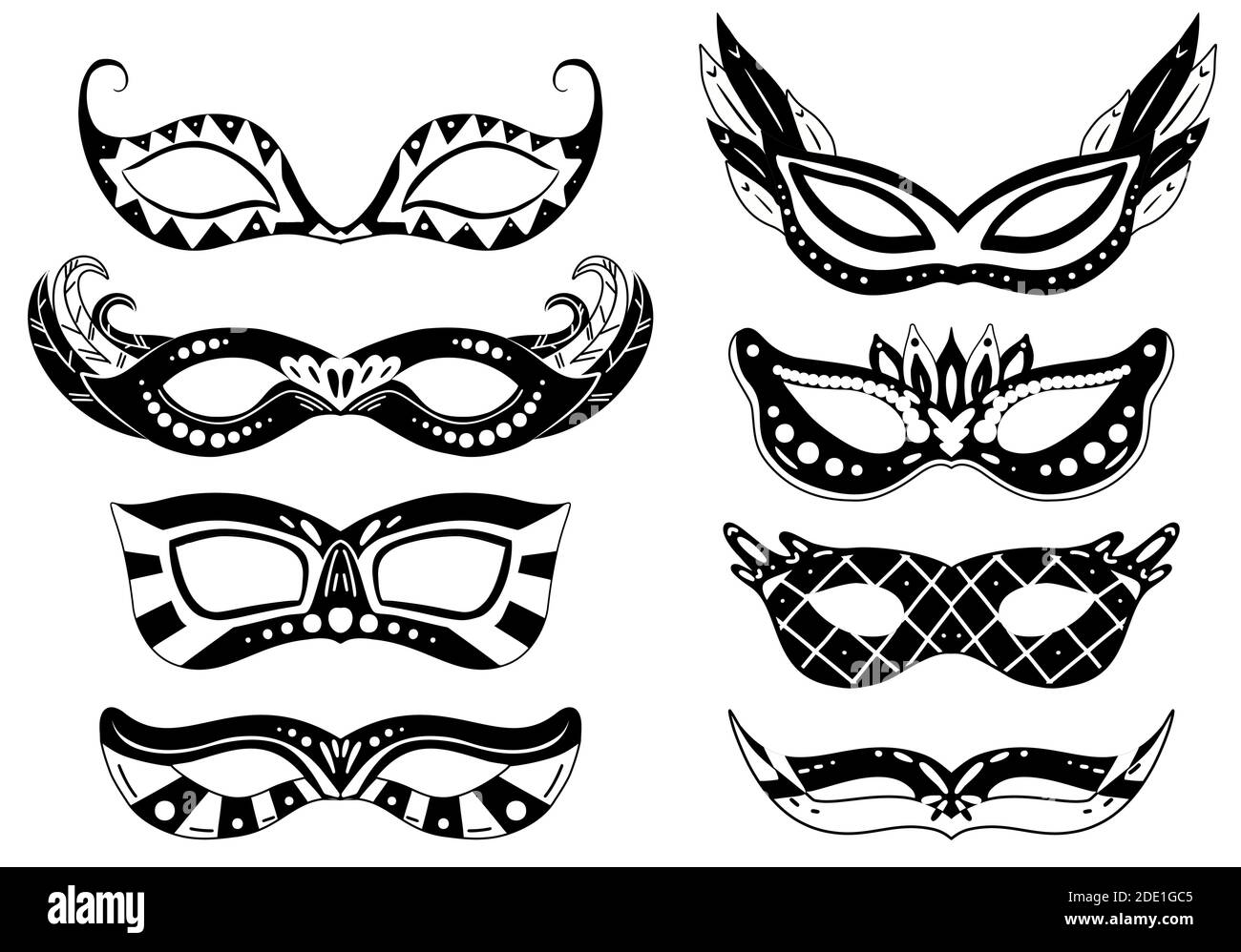 Conjunto de máscaras carnavales de silueta negra con varias decoraciones.  Imprimir objeto de vacaciones para enmascarado. Festival de vestir para la  cara. Objeto vectorial se Imagen Vector de stock - Alamy