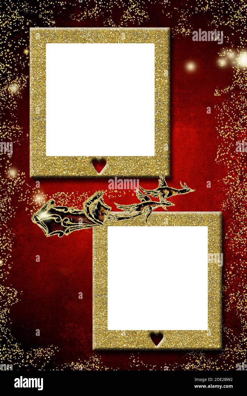 Saludo Navidad con dos marcos vacíos para poner una foto. Geese dibujado trineo y dos cuadros de oro purpurpurina, rojo fondo vertical Fotografía de stock Alamy