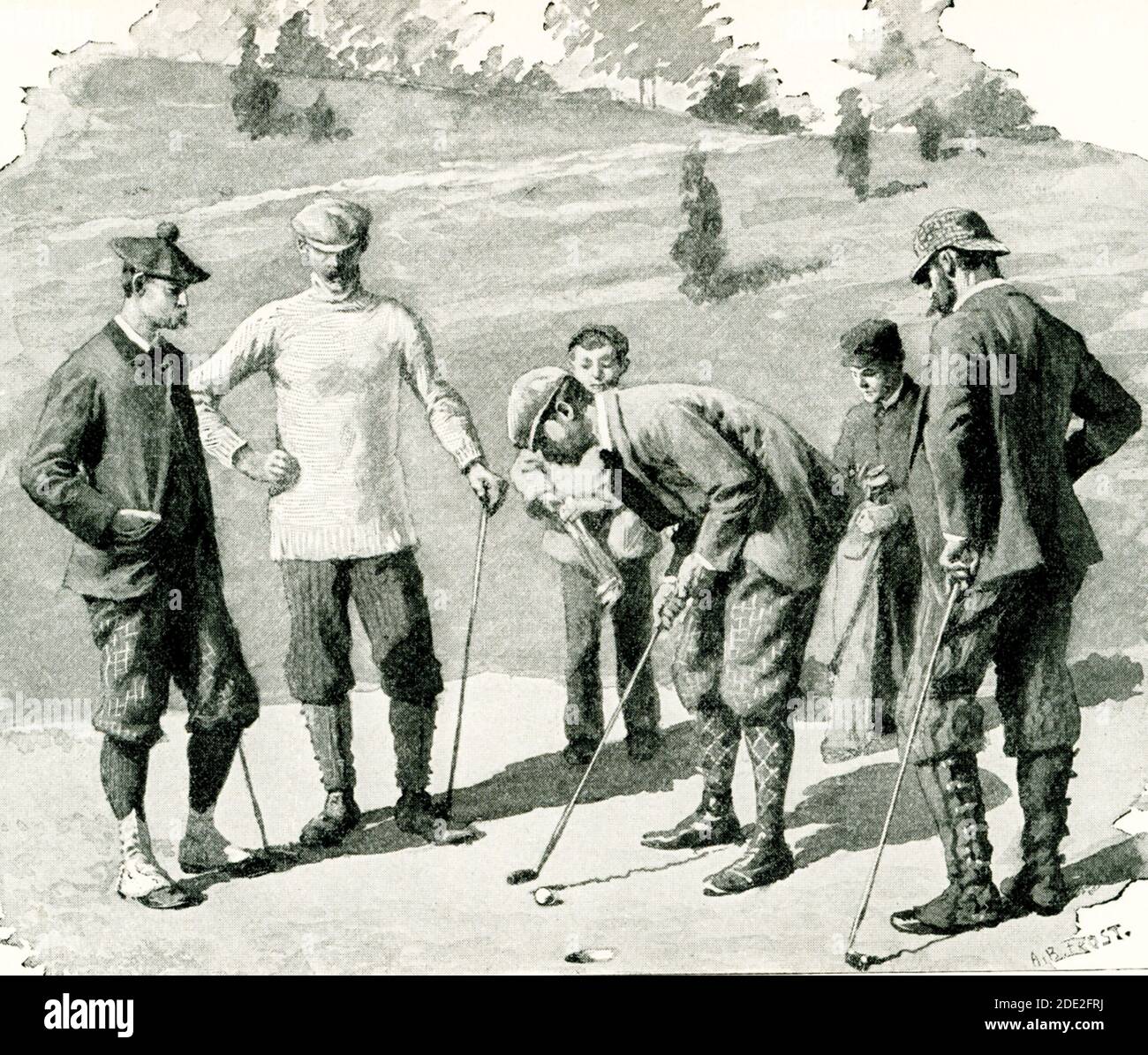 Esta ilustración de 1897 de los hombres jugando al golf en un club de campo muestra las diversas envolturas de piernas usadas en ese momento. Foto de stock