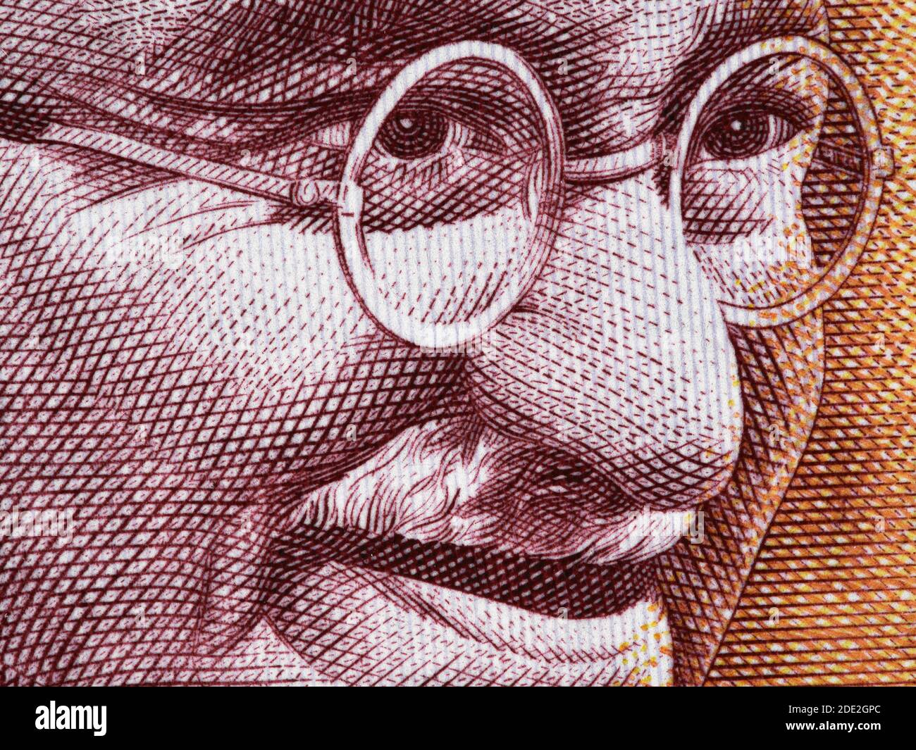 Mahatma Gandhi cara retrato en la India 200 rupia (2017) billete de cerca macro, líder del movimiento de la independencia de la India, padre de la nación Foto de stock