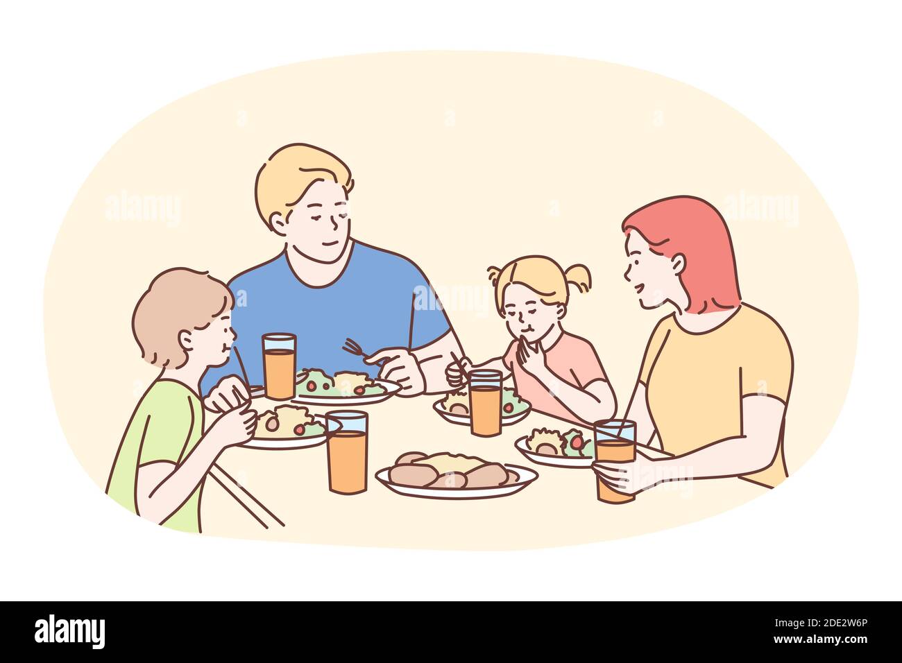 Feliz familia cenando o desayunando juntos en casa. Familia padre sonriente  madre y niños dibujos animados personajes sentados y comer comida saludable  Imagen Vector de stock - Alamy