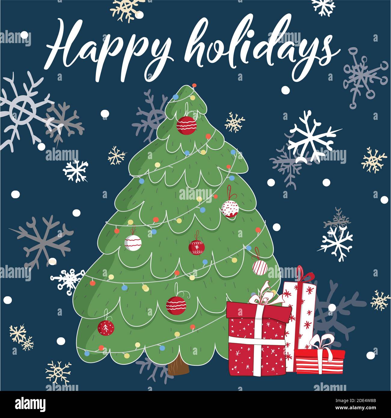 Lindo árbol de Navidad con juguetes y regalos.año Nuevo y tarjetas de  felicitación de Navidad.cartel, estampados y decoración interior del hogar.Plantillas  para el día de fiesta.Socia Imagen Vector de stock - Alamy