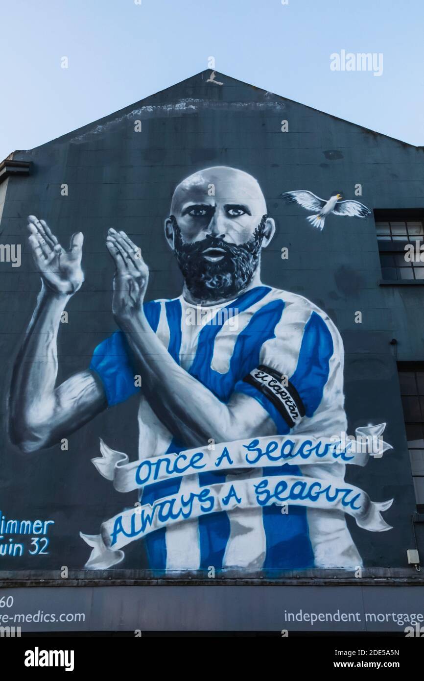 Inglaterra, East Sussex, Brighton, Wall Mural que representa al capitán del equipo de fútbol de Brighton Bruno Salter con el lema "una vez una gaviota siempre una gaviota" Foto de stock