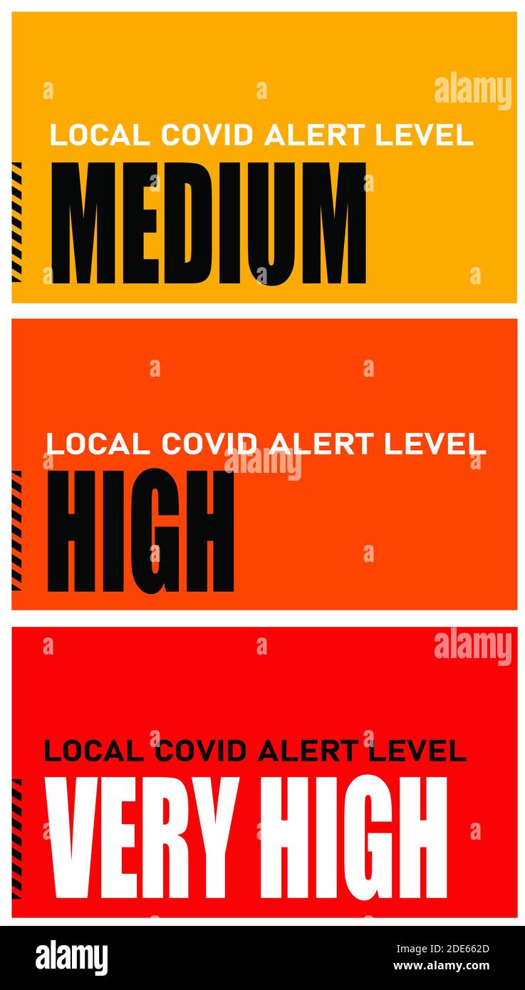 Niveles de alerta COVID local del Reino Unido (Medio, Alto, muy alto). Nuevo sistema Tier introducido en el Reino Unido desde el 2 de diciembre de 2020 y utilizado para advertir al público Foto de stock