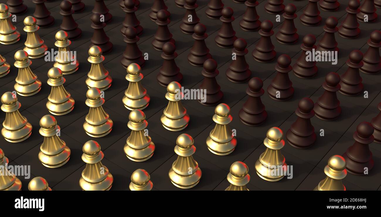 Piezas de ajedrez peones oro y marrón peones, fondo negro. Diferencia,  concepto de implementación. ilustración 3d Fotografía de stock - Alamy