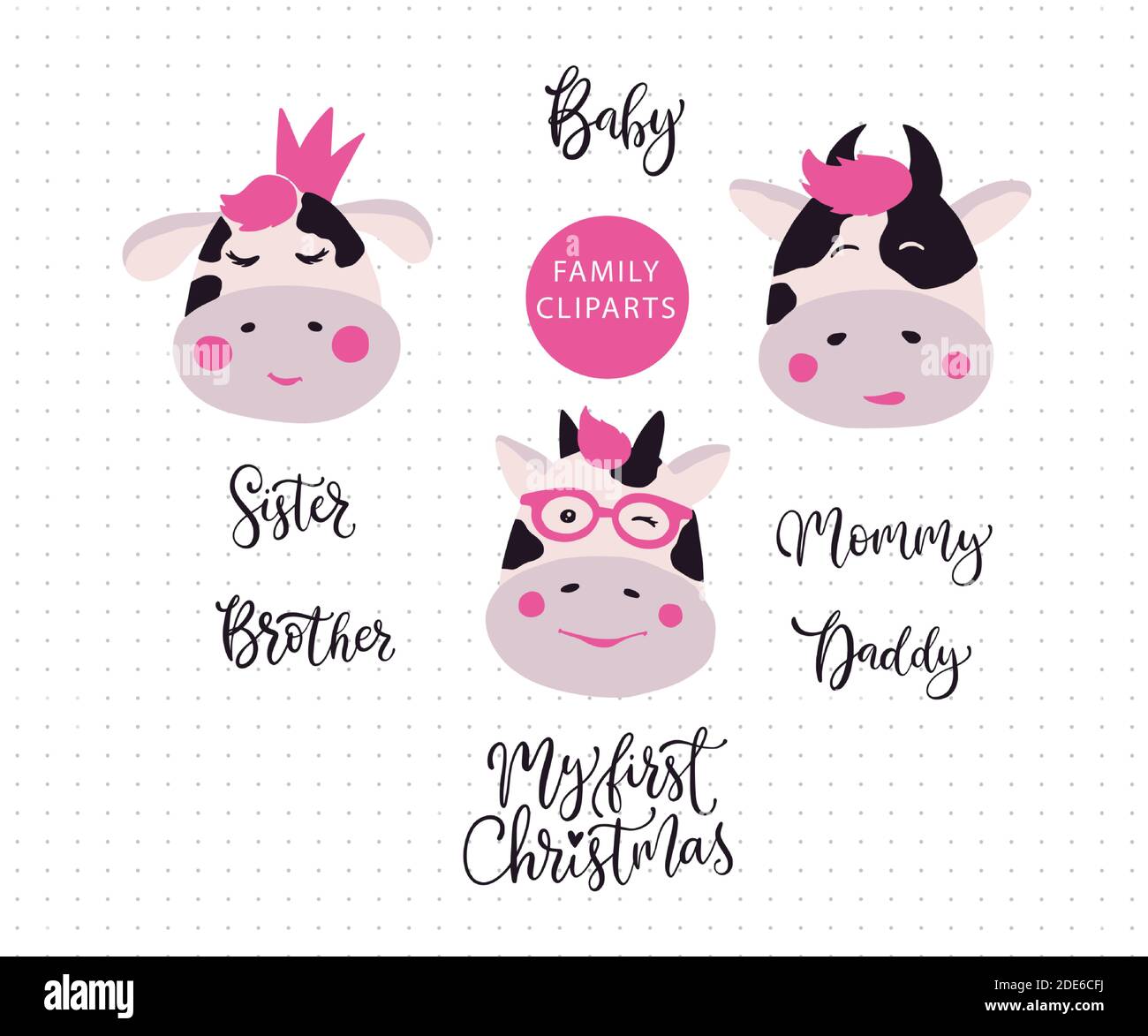 Lindo diseño de cara de vaca bebé dibujos animados. Animal headvector icono divertido conjunto con comillas de letras - hermana, papá y mamá Imagen Vector de stock - Alamy Lindo diseño de cara de vaca bebé dibujos animados. Animal headvector icono divertido conjunto con comillas de letras - hermana, papá y mamá Imagen Vector de stock - Alamy