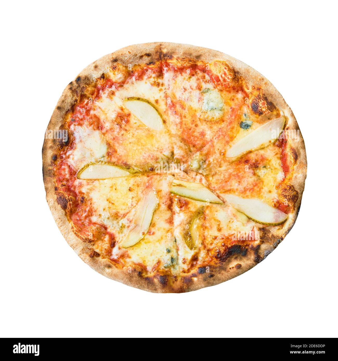 Deliciosa pizza italiana con queso y pera aisladas sobre fondo blanco. Vista superior Foto de stock