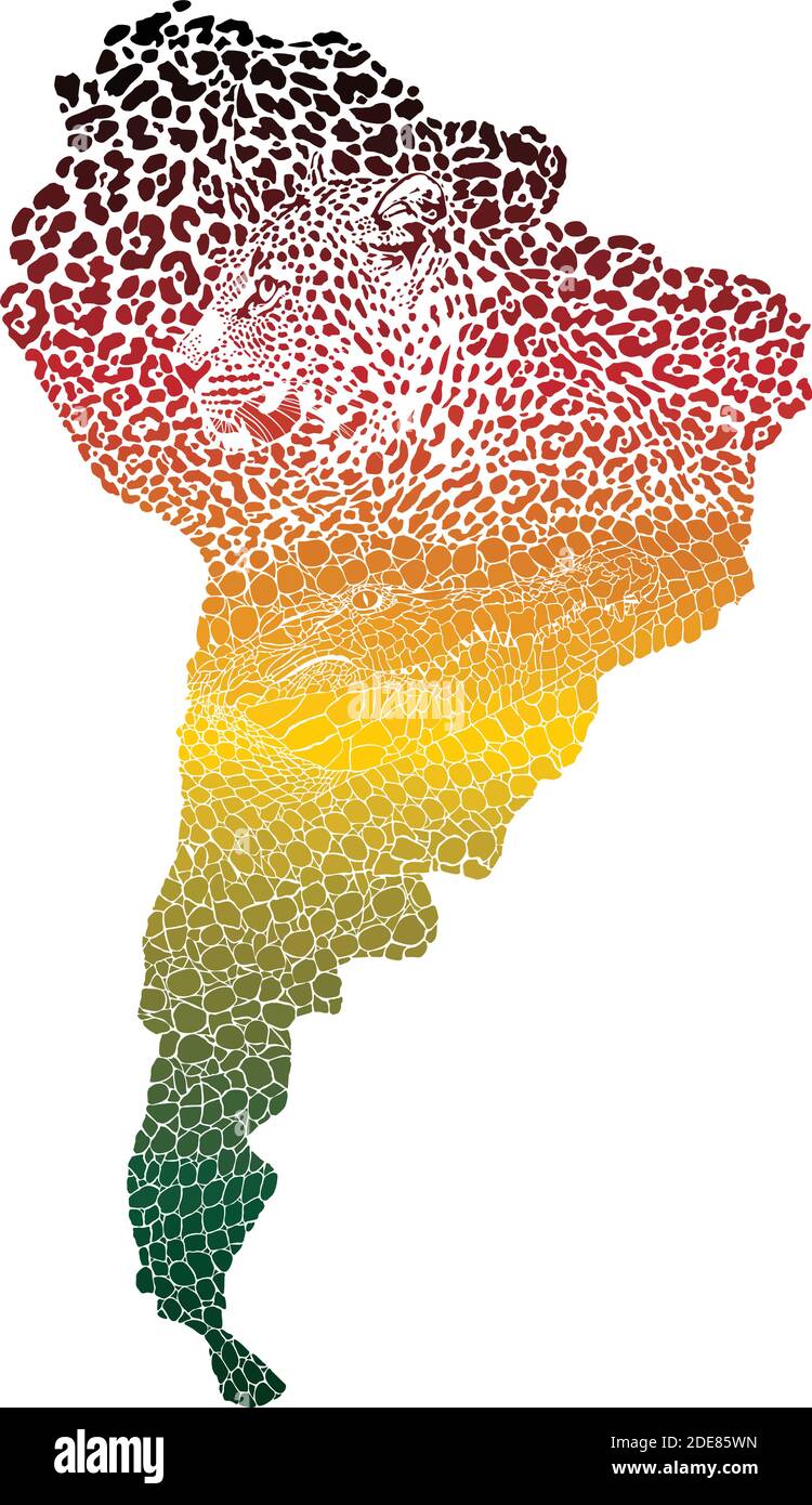Color Jaguar y cocodrilo en el mapa de América del Sur Ilustración del Vector
